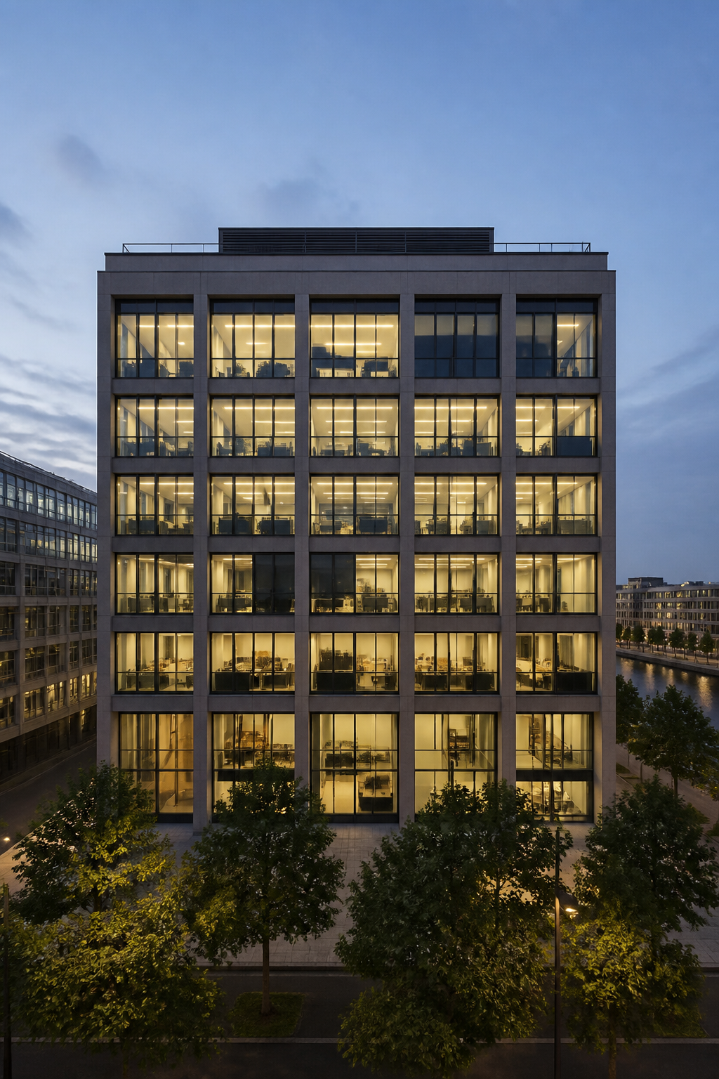 A six storey modern office building photographed straight on at dusk from a camera raised to the level of its third floor, interior lights glowing behind glazing, vertical lines of the facade perfectly parallel with no keystone distortion