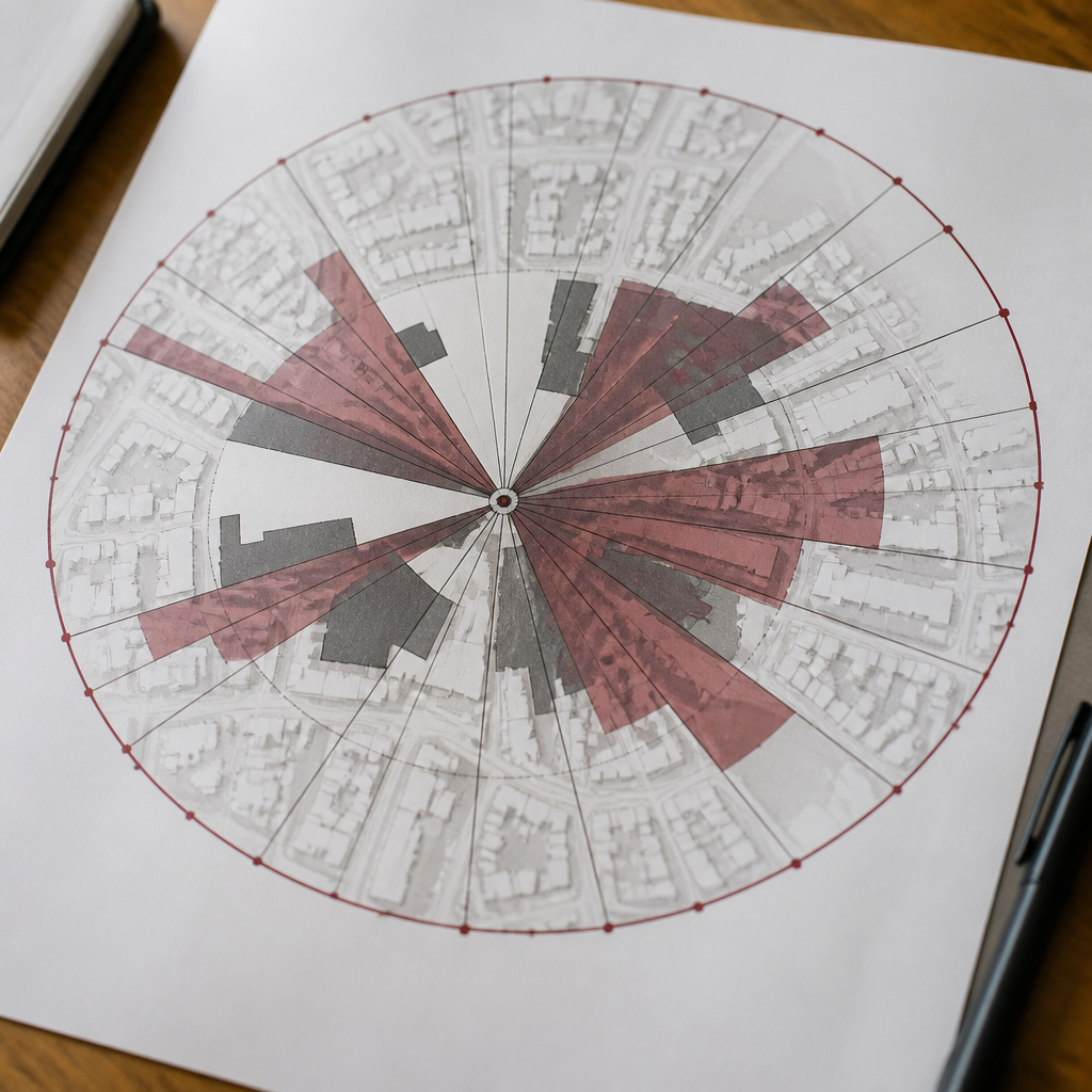 A plan view analysis map in grey and dark red showing an observation point on a city block with shaded areas marking visible ground, blocked wedges behind taller buildings, and straight sightlines radiating outward to a marked horizon ring